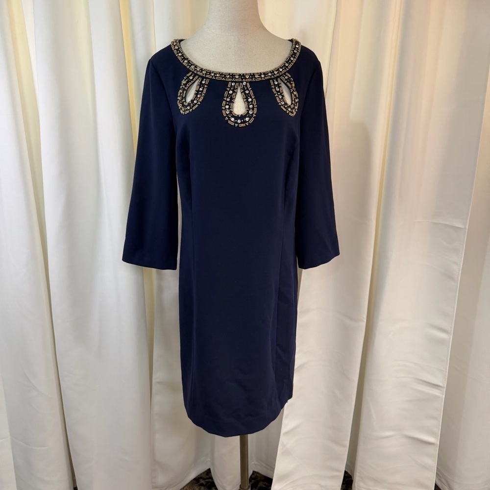 Lilly Pulitzer ‘Bronte Gold Beaded Collar Shift Dress’ in “True Navy” Size 12